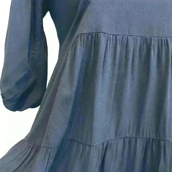 Shinestar Grey Blue Square Neck Babydoll Dress Tiered Skirt 3/4 Sleeve Size XS - Picture 4 of 7